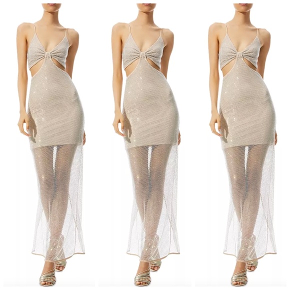 Alice + Olivia Havana Embellished Cutout Mesh Beige Maxi Dress Crystal - Size 2 - Picture 1 of 10